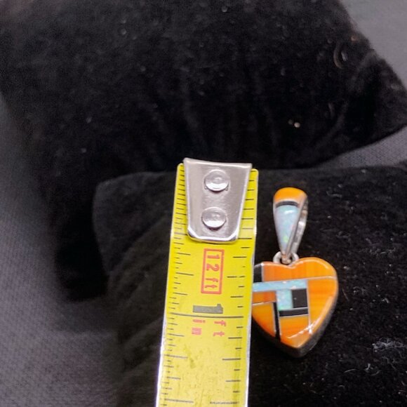 Signed SM Sterling Heart Shaped Inlay Gemstone Pendant Reversible Double Sided - Picture 6 of 11